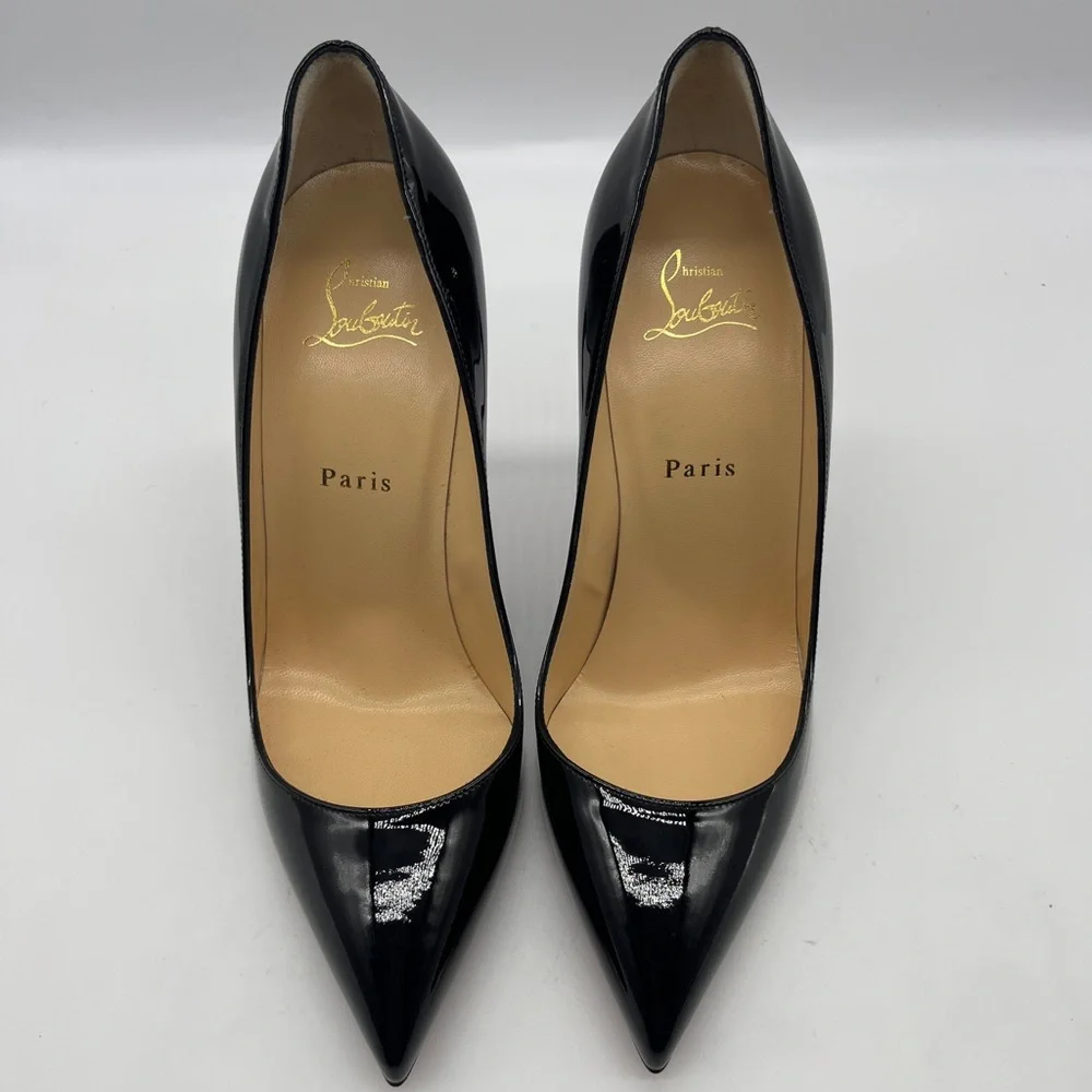 Christian Louboutin Black Patent Leather Pointed Toe Stilettos with Red Sole